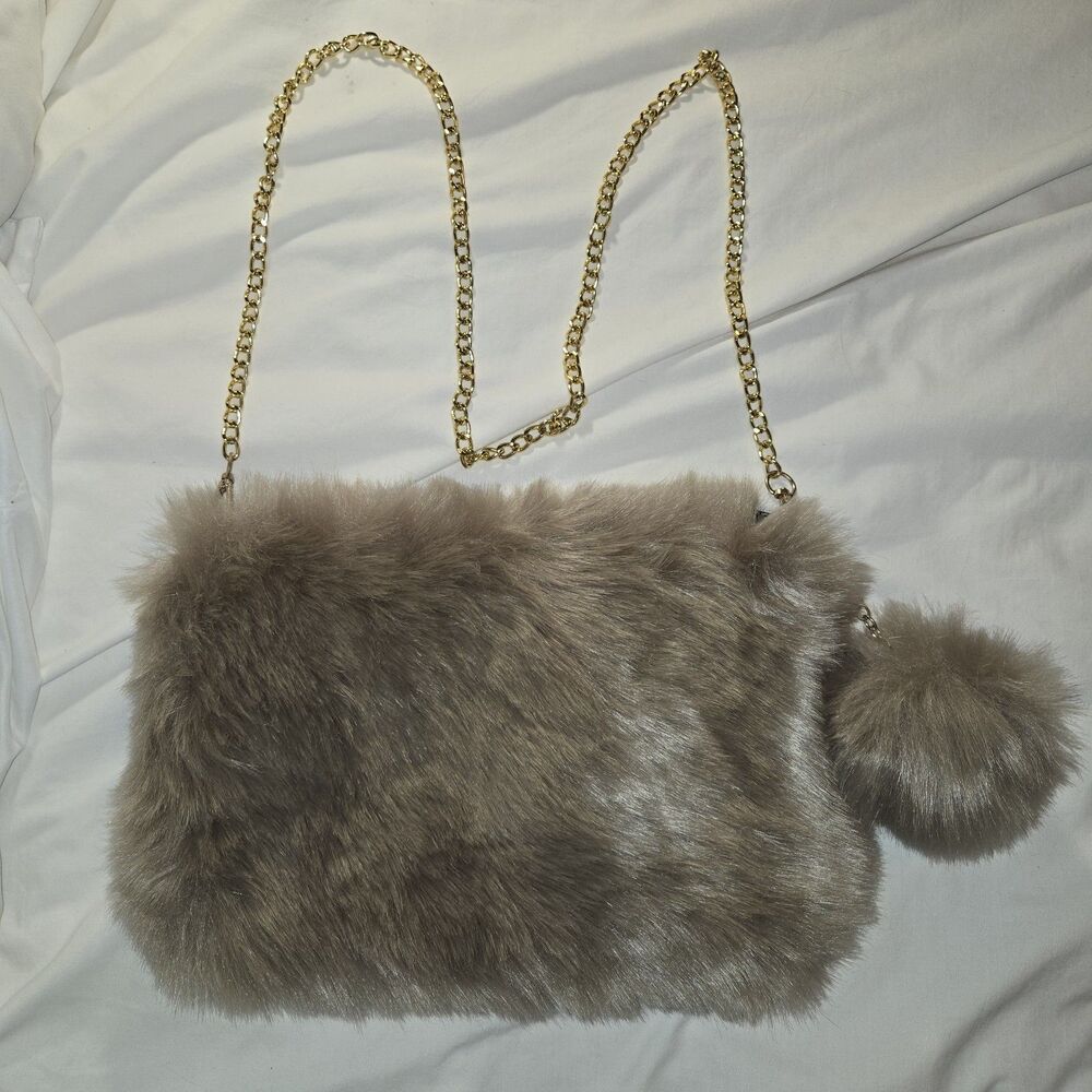 3AM 3 AM Forever Faux Fur Purse And Keychain Brown Gold Chain13 X 9.5 In Y2K